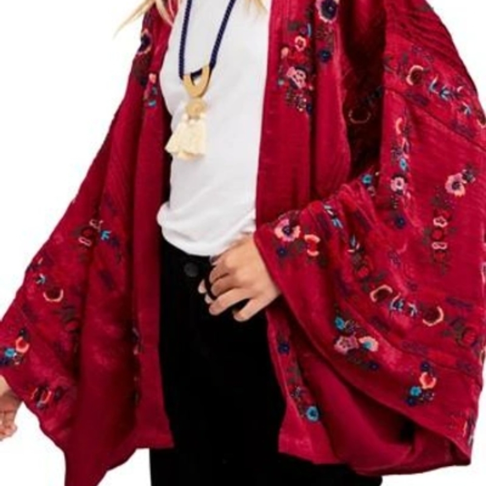 Free People Red Floral Cape